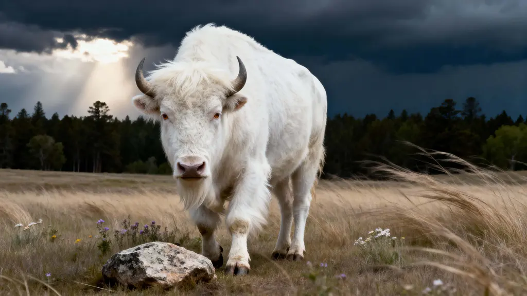 Albino American Bison Prairie Portrait