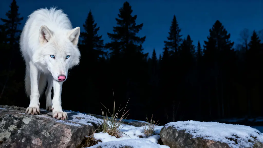 Albino Arctic wolf on outcrop