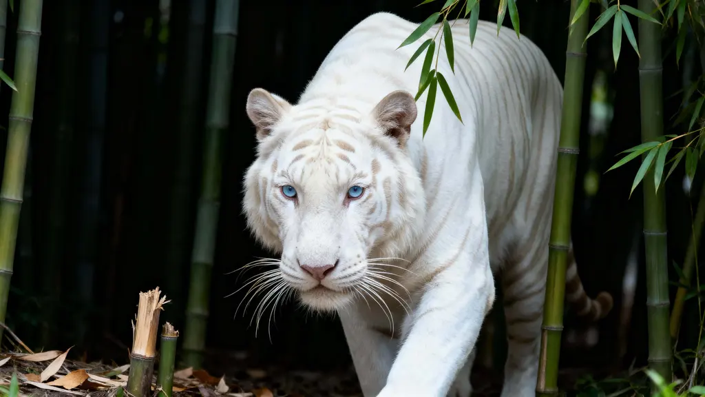 Albino Bengal tiger in bamboo grove