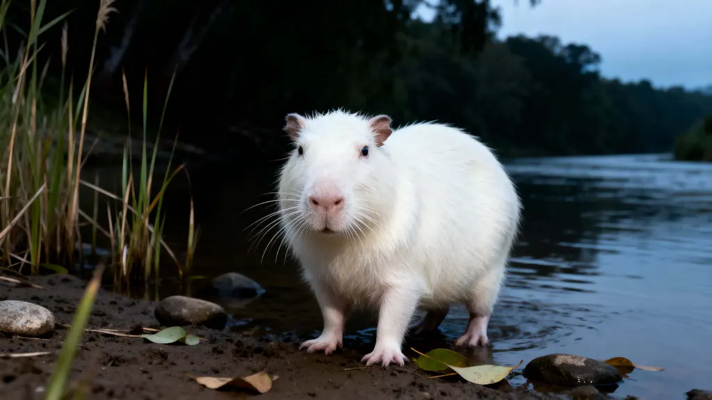 Albino Capybara at Riverbank Portrait