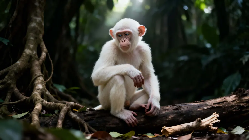 Albino chimpanzee thoughtful rainforest portrait