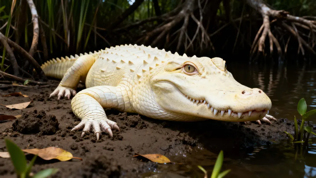 Albino crocodile on muddy riverbank