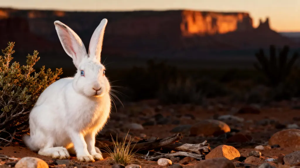 Albino desert hare portrait in evening