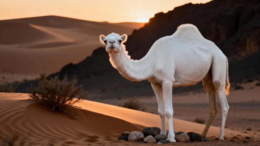 Albino dromedary camel evening desert portrait