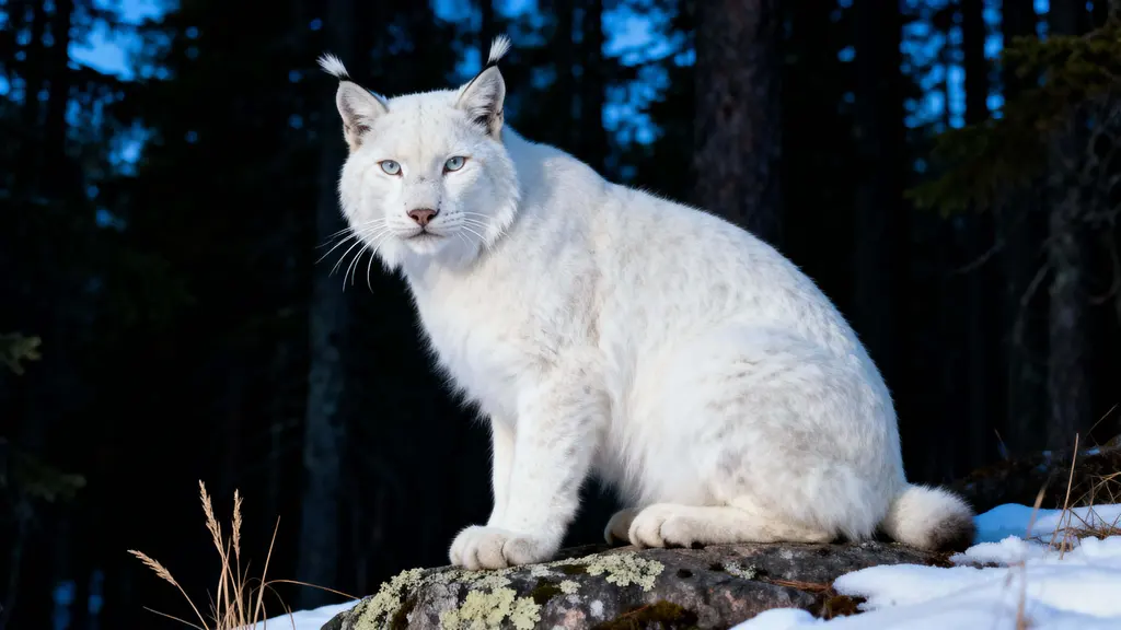 Albino lynx on forest rock portrait