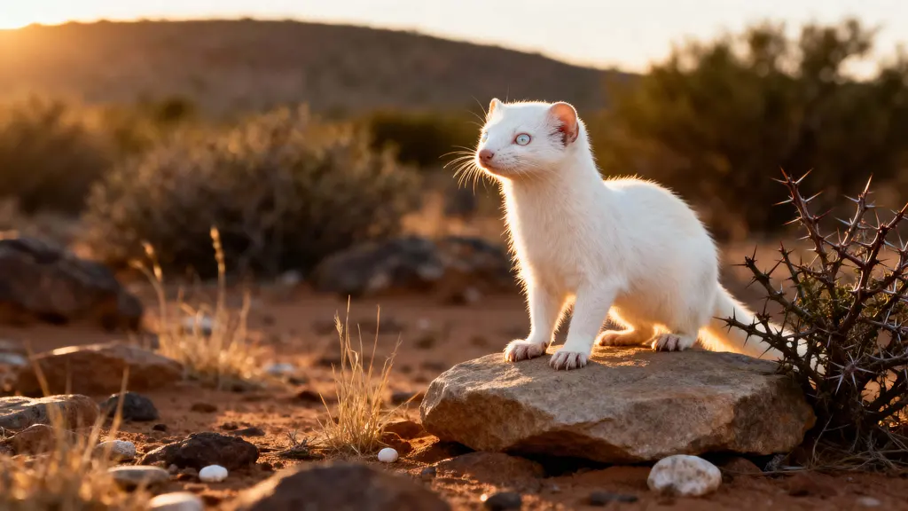 Albino mongoose energetic portrait in scrubland