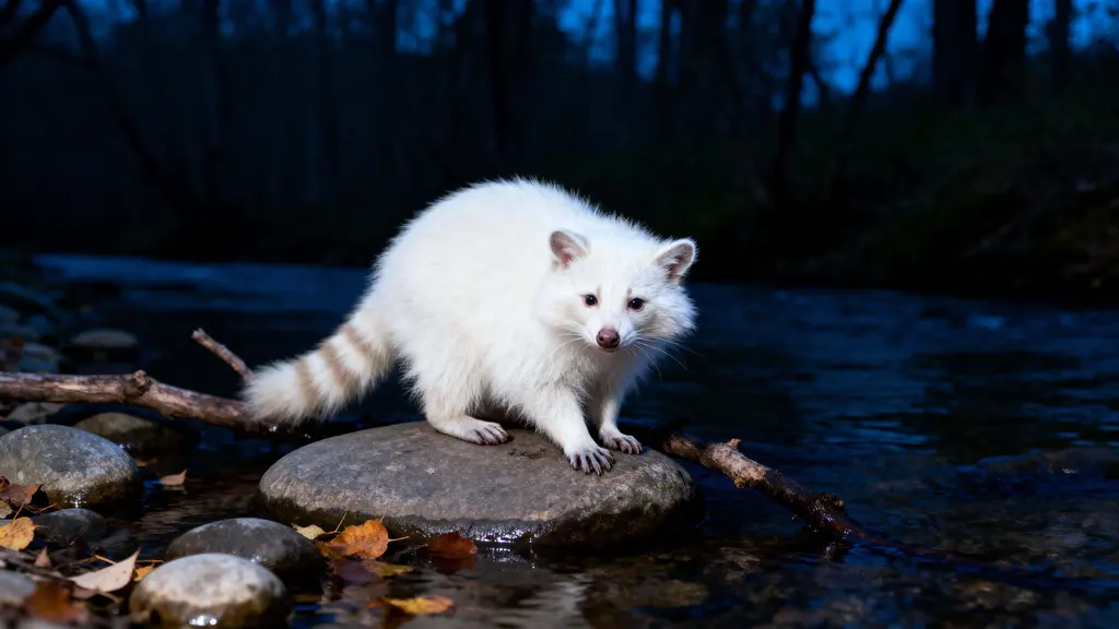 Albino raccoon woodland stream portrait