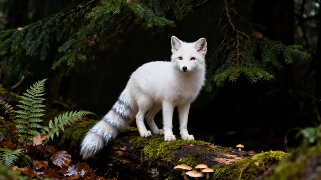 Albino Red Fox on Mossy Log