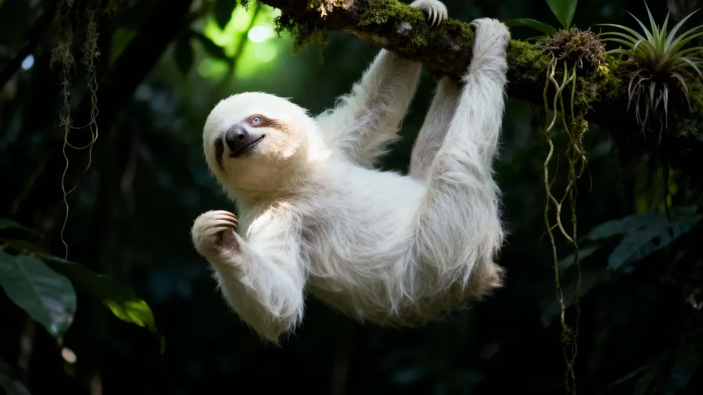 Albino three-toed sloth portrait in tropical canopy