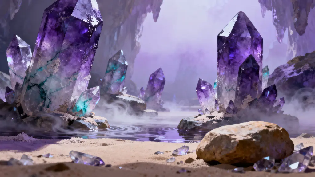 Amethyst cave with drifting fog
