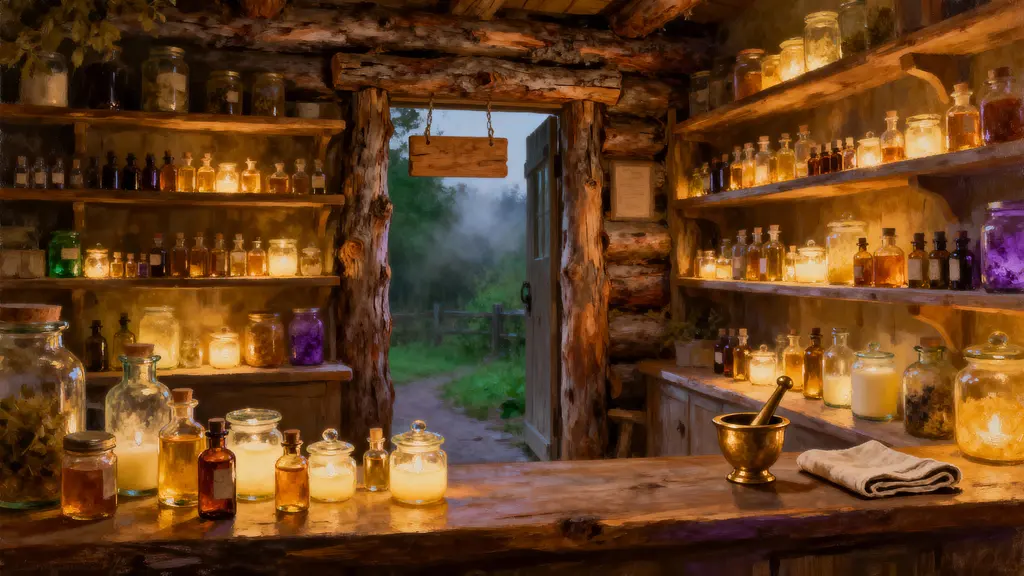 Apothecary shelves with glowing jars