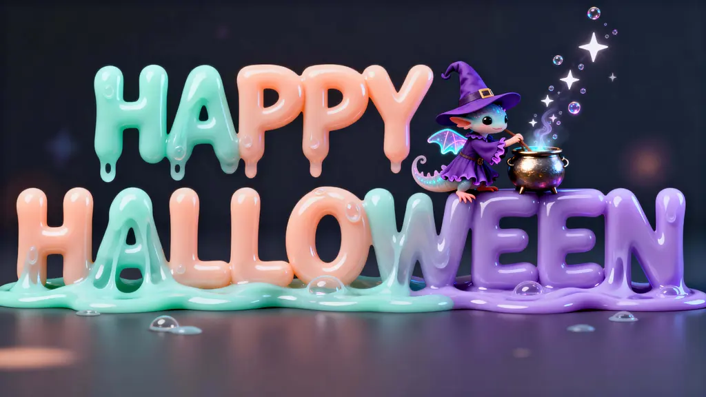 Axolotl-witch Halloween slime lettering scene