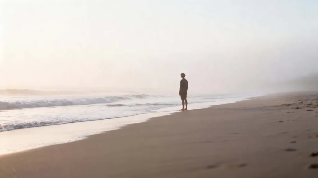 Beach figure at foggy shoreline