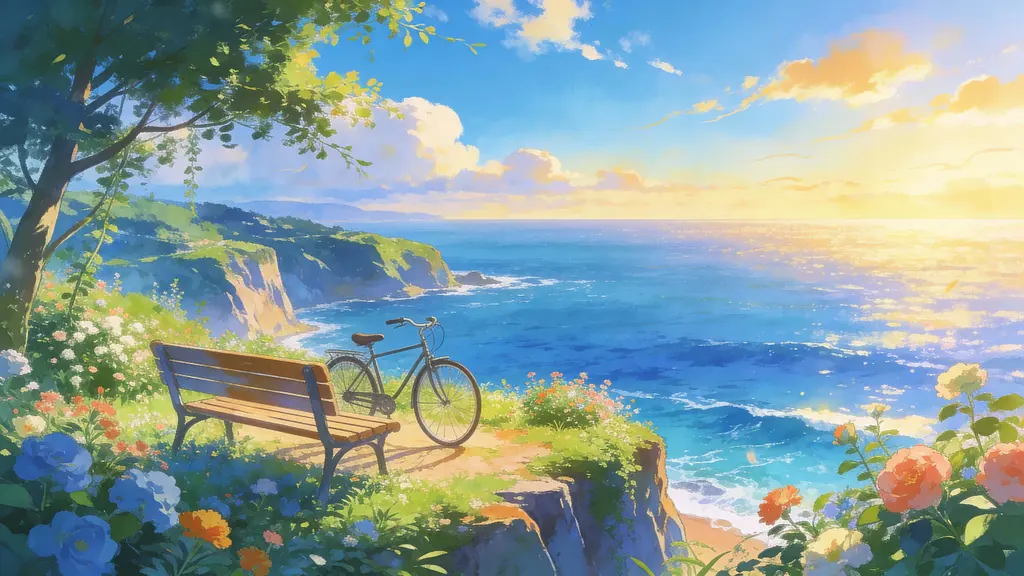 Bench and Bicycle on Coastal Cliff Garden