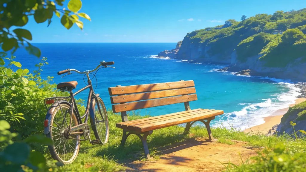Bench and Bicycle Overlooking Bay on Lush Coast
