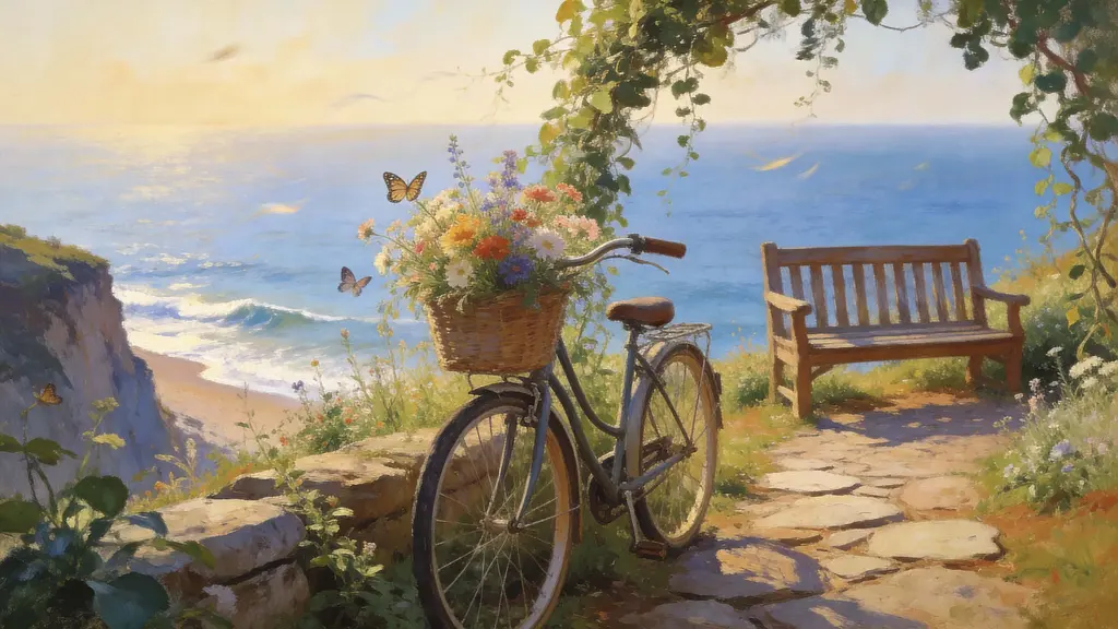 Bicycle and bench on coastal cliff garden