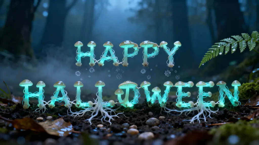 Bioluminescent Mushroom HAPPY HALLOWEEN Letters