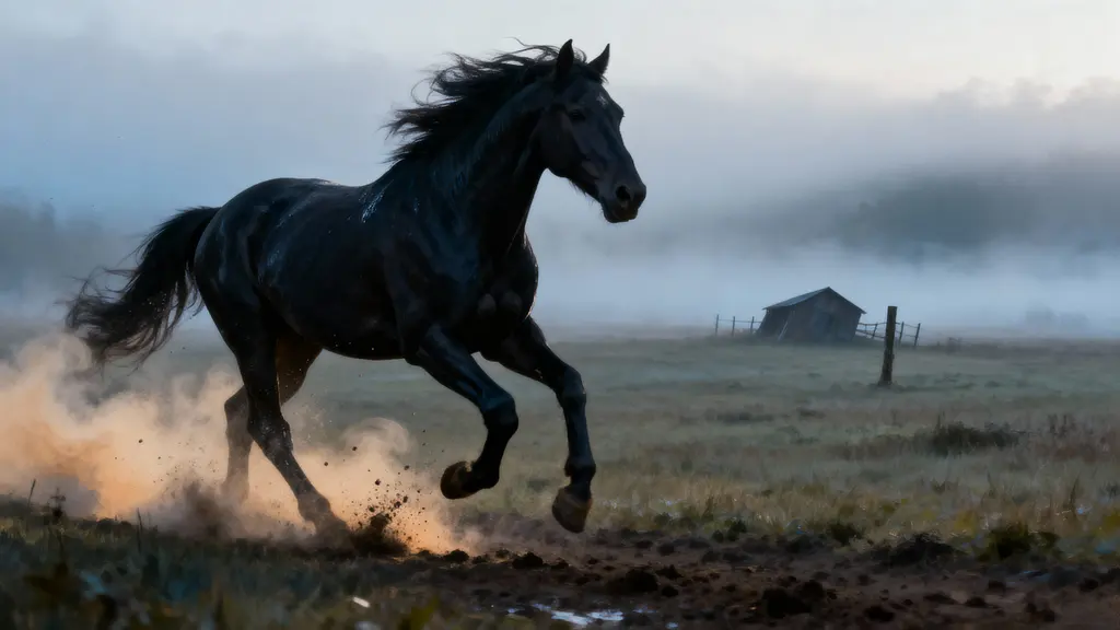 Black Horse Galloping Through Foggy Field