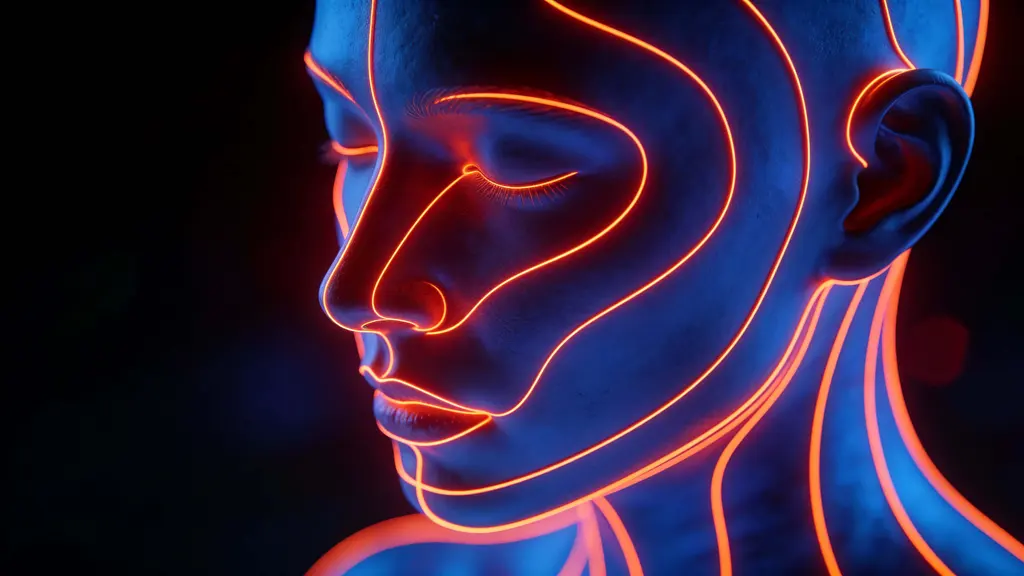 Blue sculpted face with contour lines