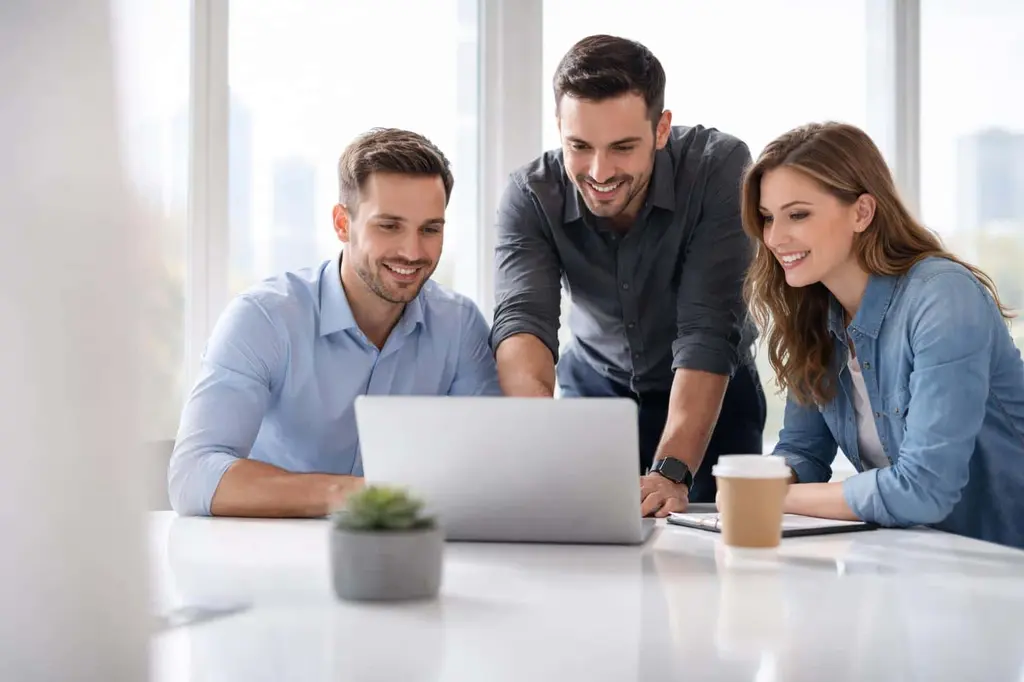 Business Team Collaborating in Bright High-Key Office