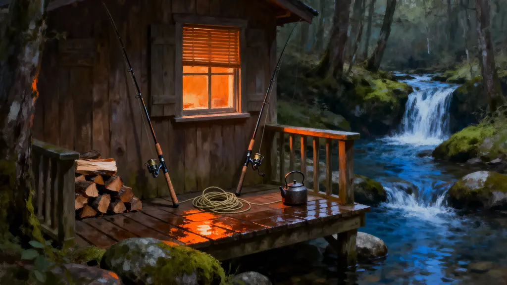 Cabin beside miniature waterfall scene