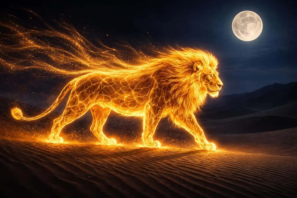 Celestial Energy Lion in Desert Night