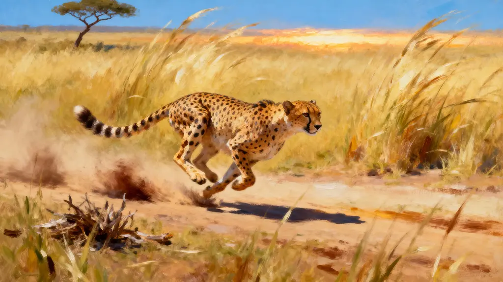 Cheetah sprinting through tall golden grassland