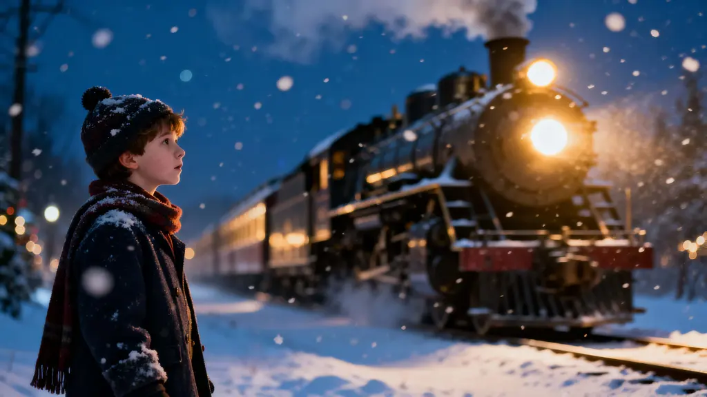 Child Watching Polar Express Train at Night