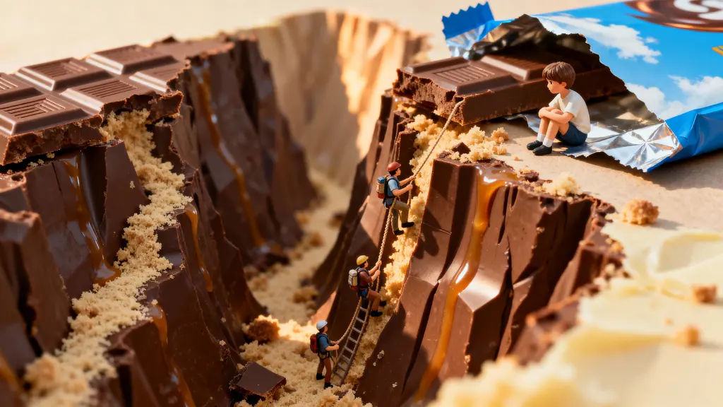 Chocolate-bar canyon with tiny explorers