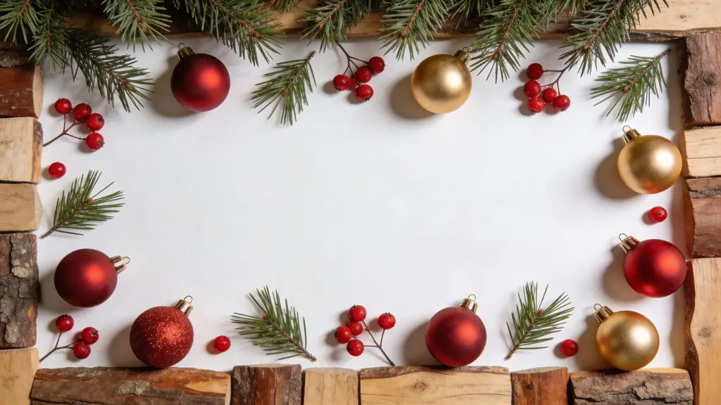 Christmas flat-lay border with rustic accents