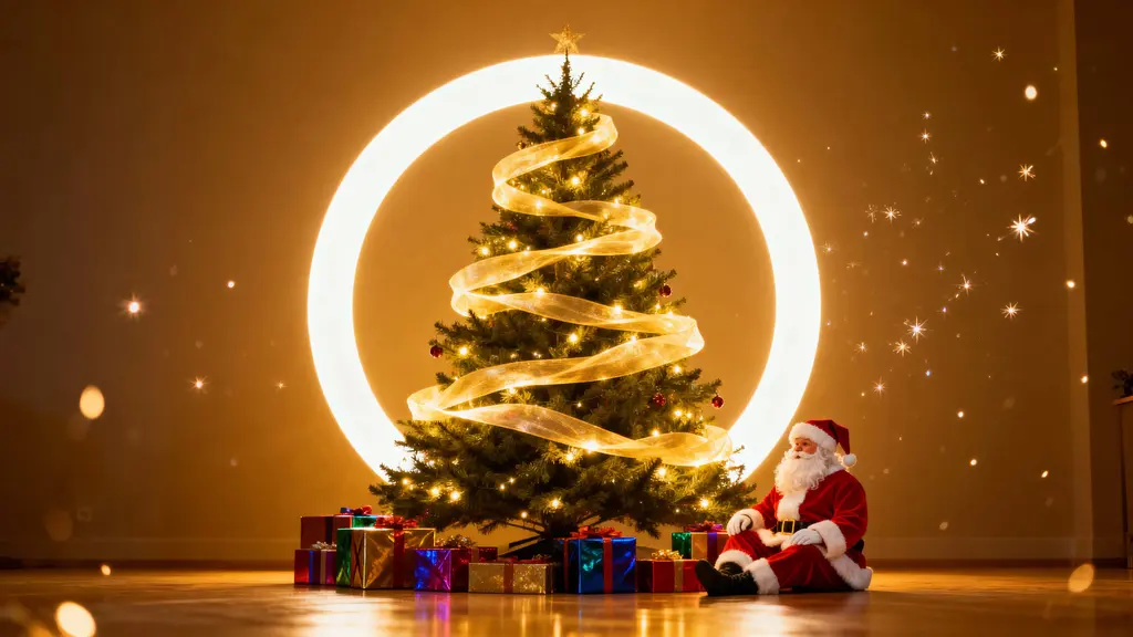 Christmas tree with Santa beside presents