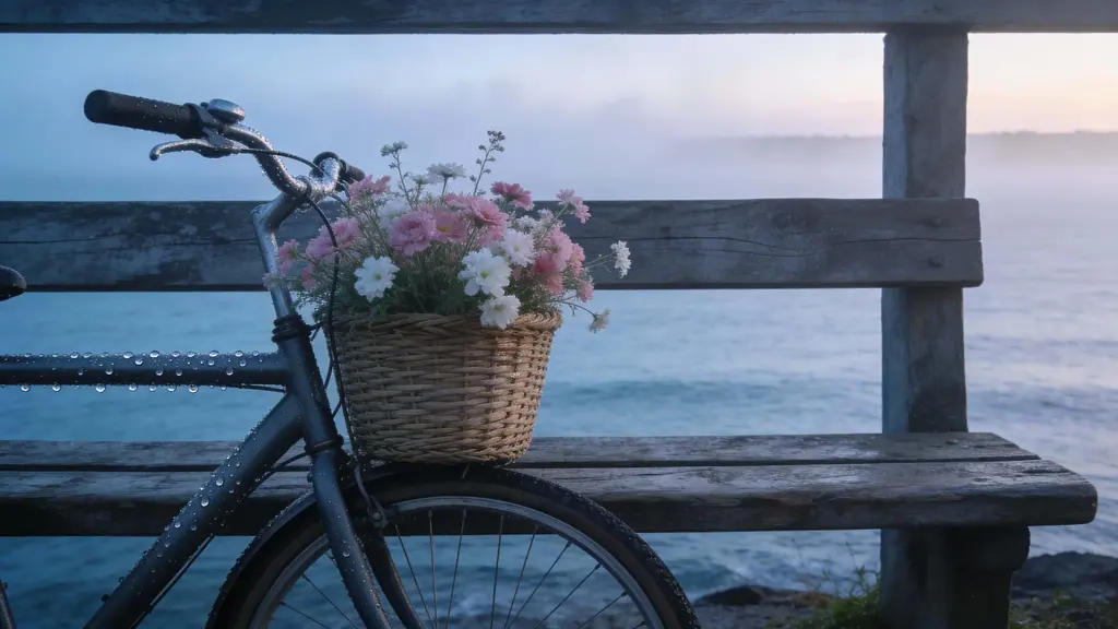 Coastal wooden bench at dawn