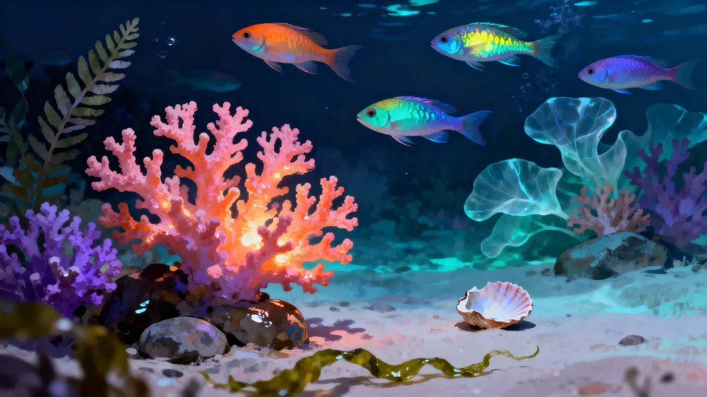Coral Reef at Night Glowing Scene