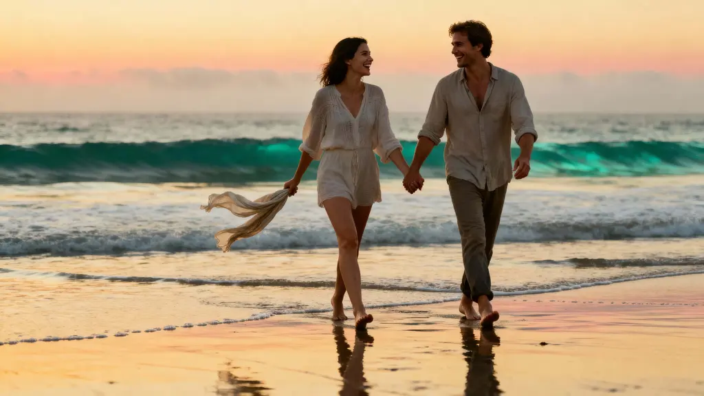 Couple walking barefoot on beach