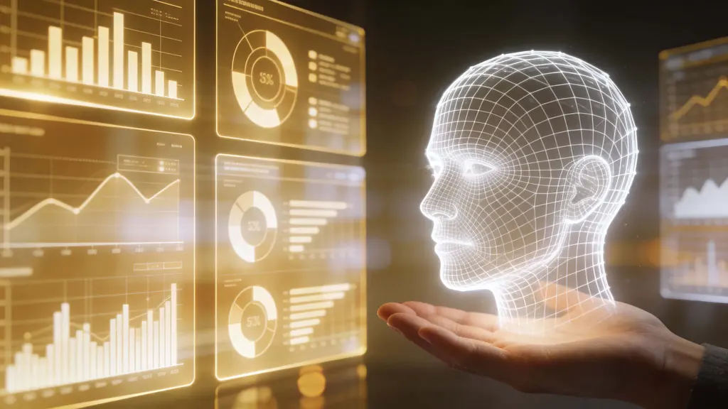 Digital head floating above human palm