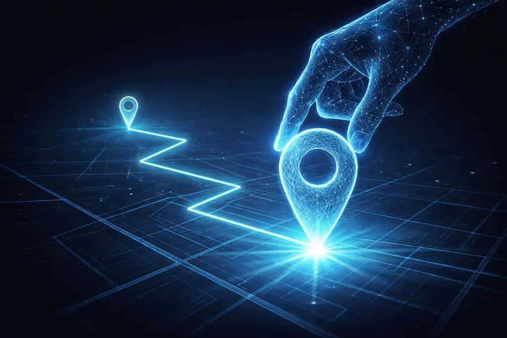 Digital Wireframe Hand Placing GPS Location Pin