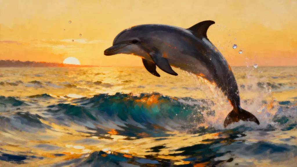 Dolphin Leaping from Golden Ocean