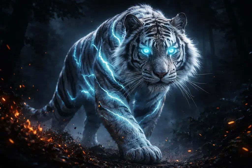 Electric Tiger Walking Through Dark Forest