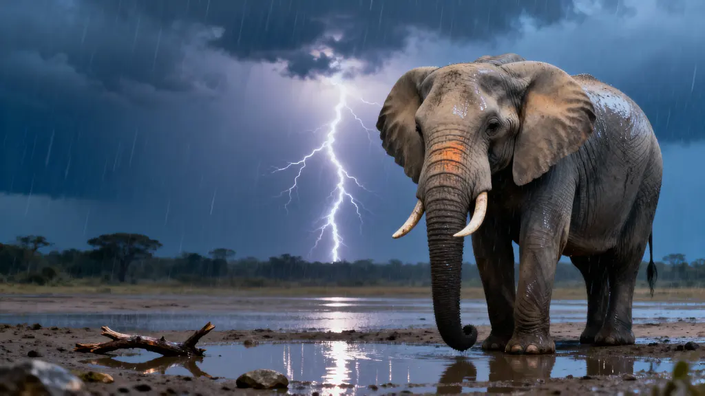 Elephant in heavy storm rain