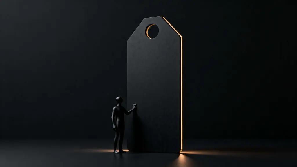 faceless character with price-tag monolith
