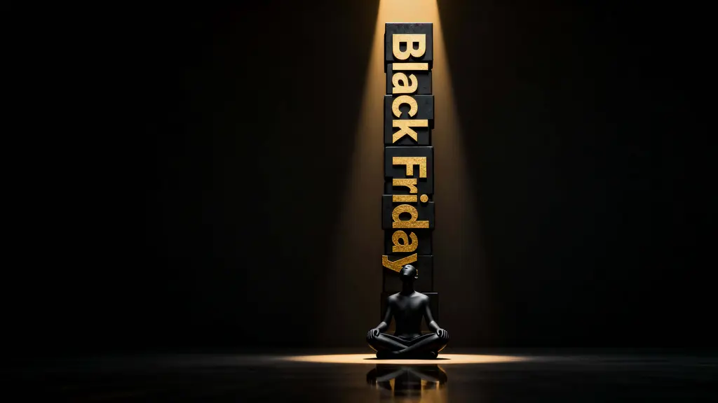 Faceless figure before Black Friday monolith