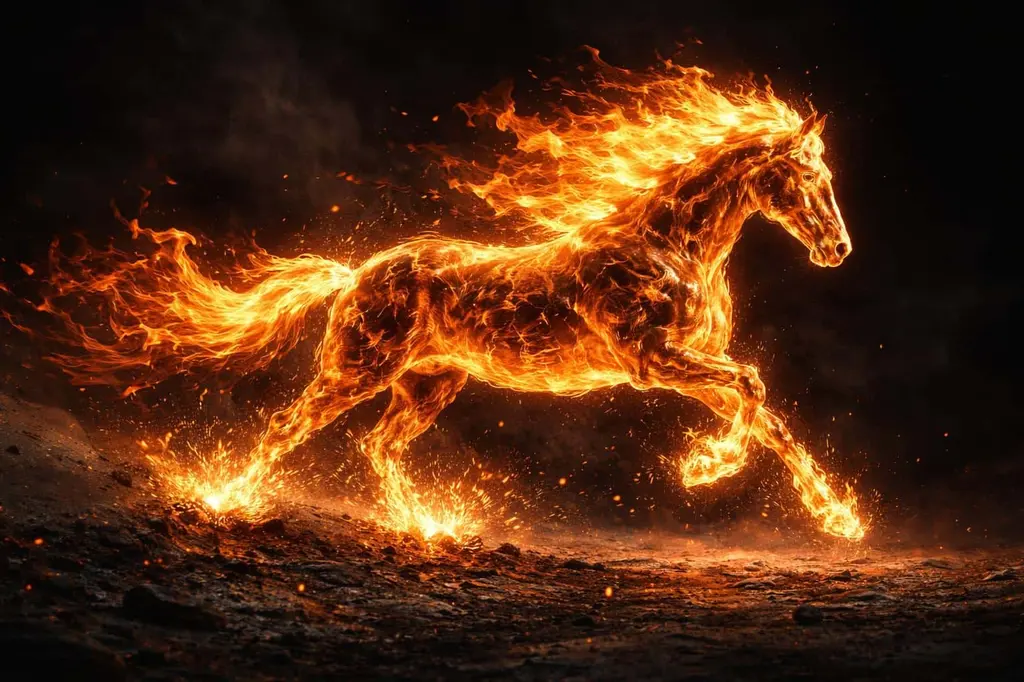Fire horse galloping through dark void render
