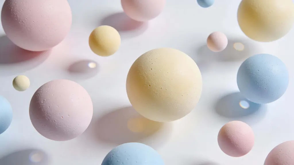 Floating spheres overhead arrangement in pastel field