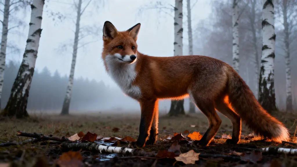 Fox at misty birch forest glade