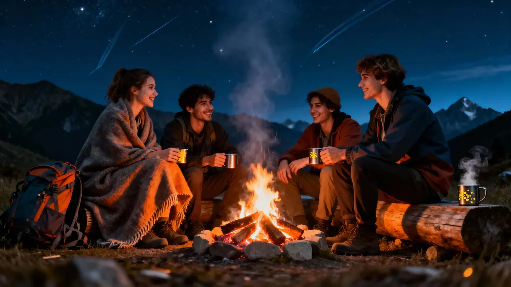 Friends by campfire under stars