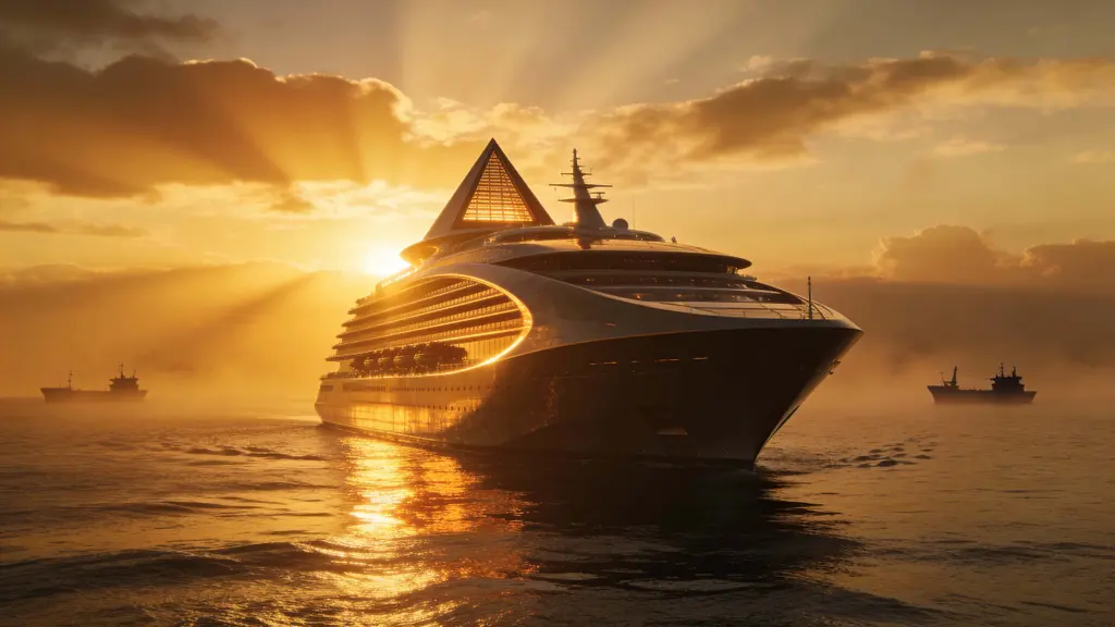 Futuristic ocean liner at sunset