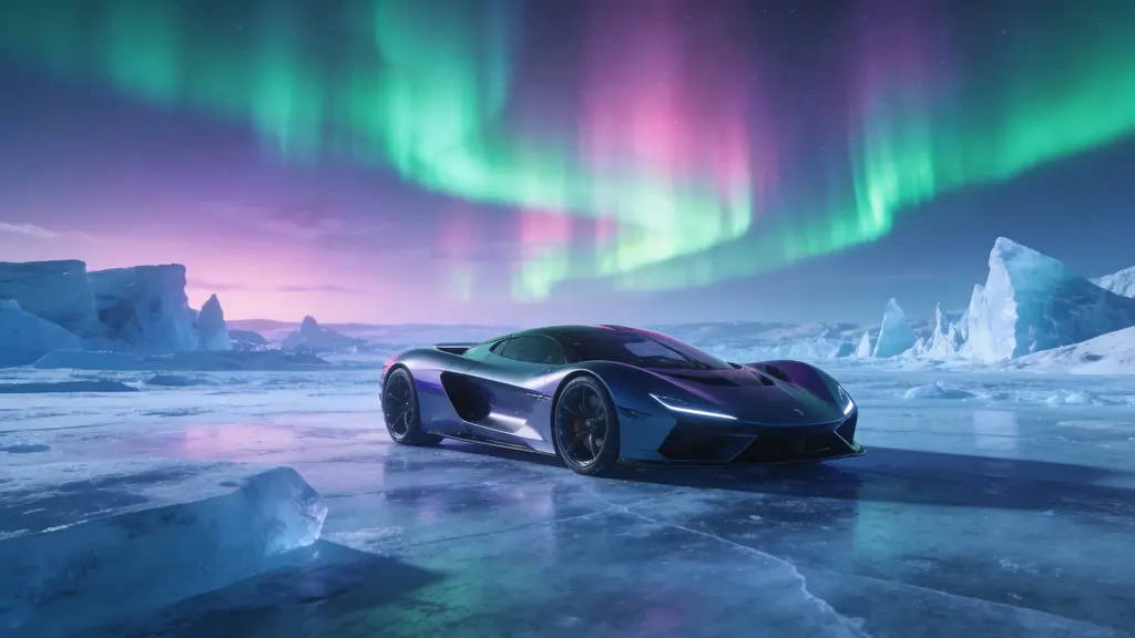 Futuristic supercar on icy tundra at night