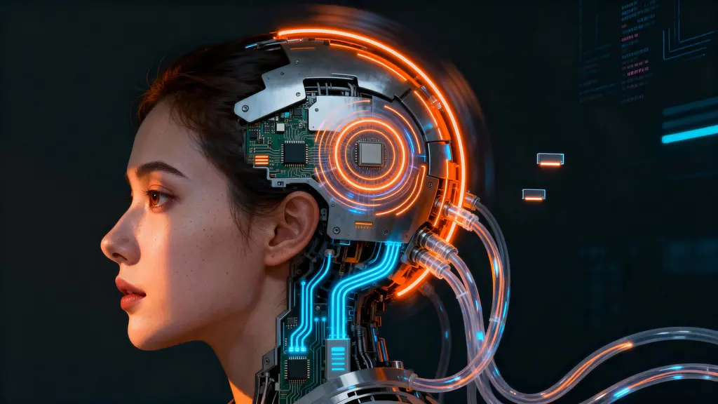 Futuristic woman cyborg side-profile portrait