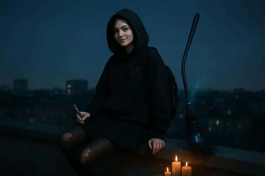 Gen-Z witch on rooftop at night