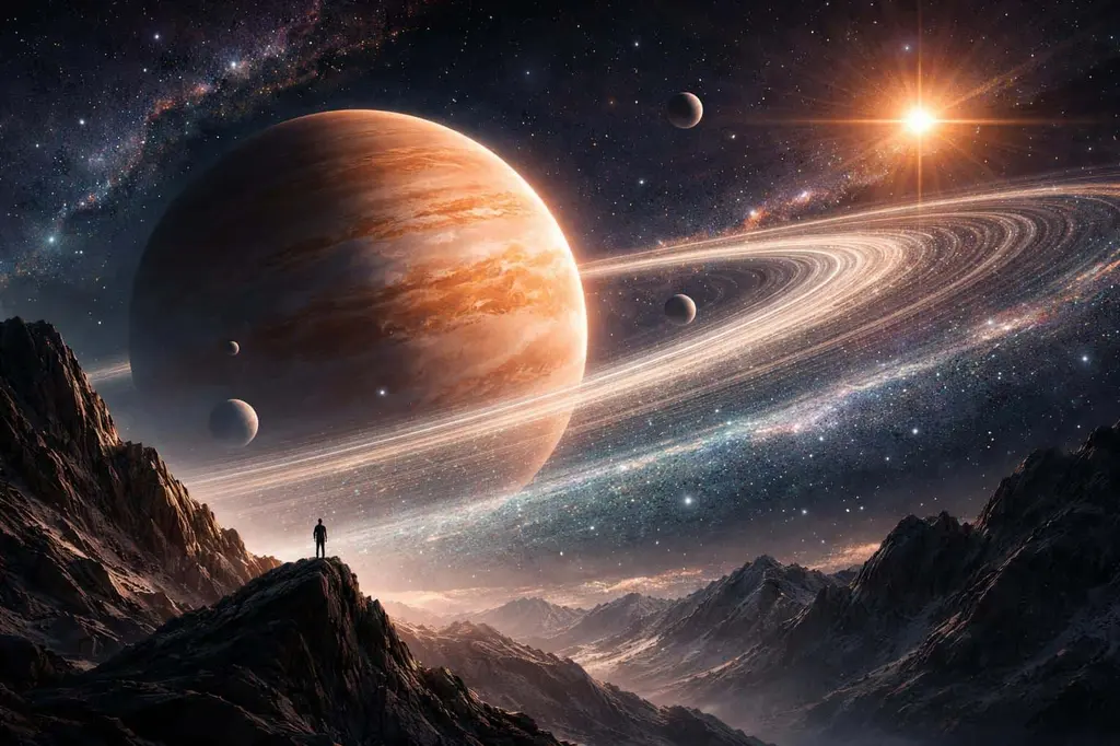 Giant ringed planet over mountainous alien landscape digital art